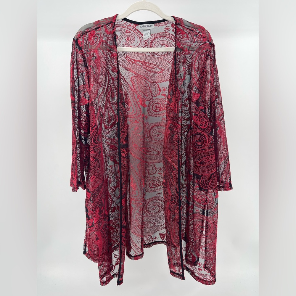 Catherines Embroidered Open Front Kimono Topper, Red Paisley Print, Women's 2X
